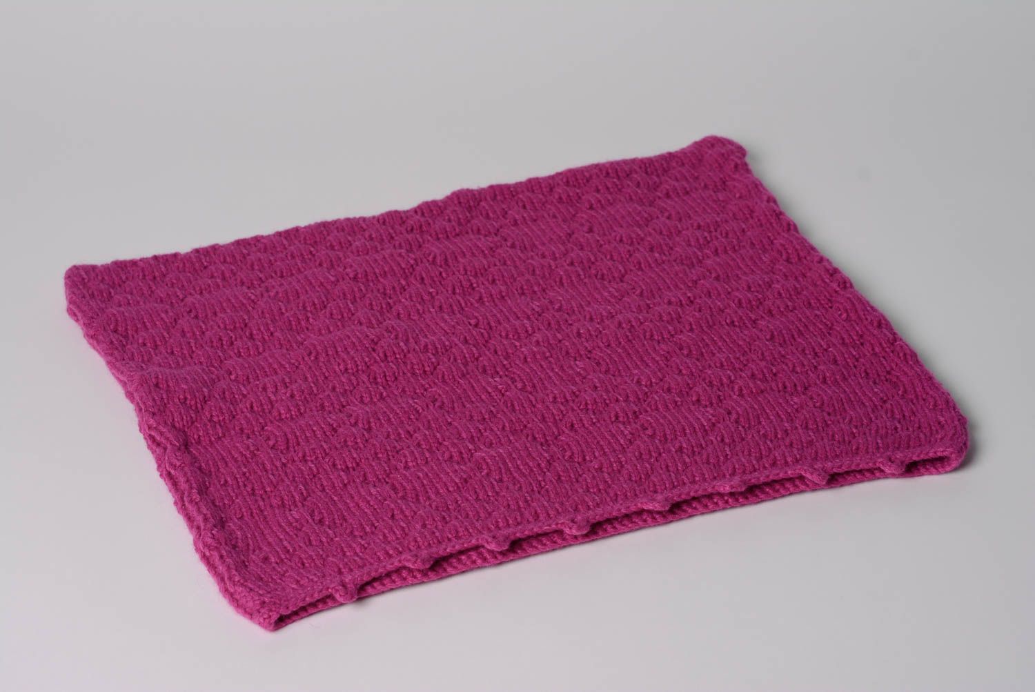 Handmade decorative small wool knitted pillow case of fuchsia color with buttons photo 1