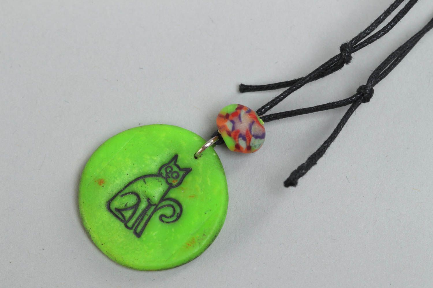 Handmade bright polymer clay pendant Cat unusual accessory on long cord photo 2