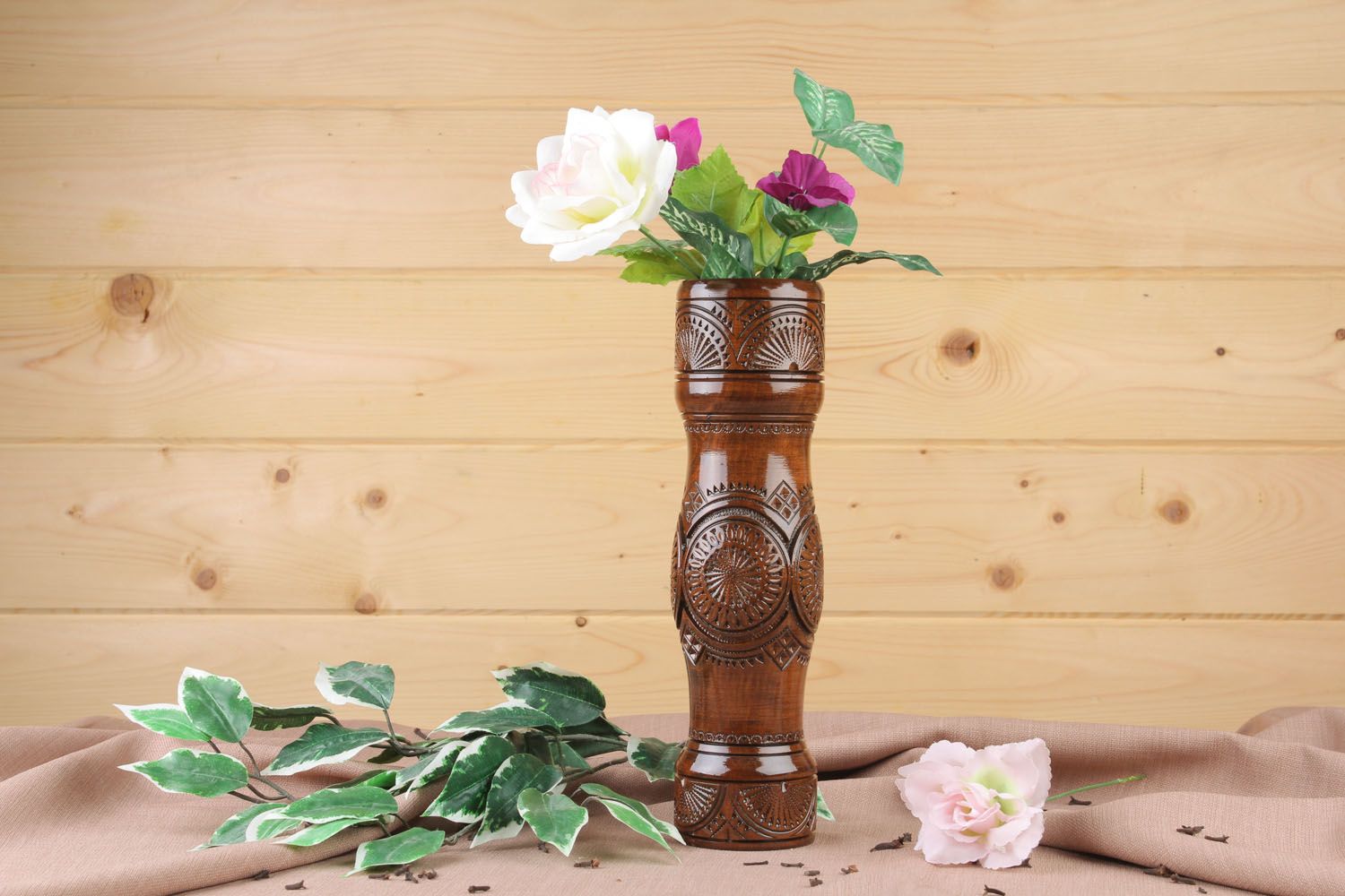 12 inches brown wooden tube shape vase for home décor 1,36 lb photo 1