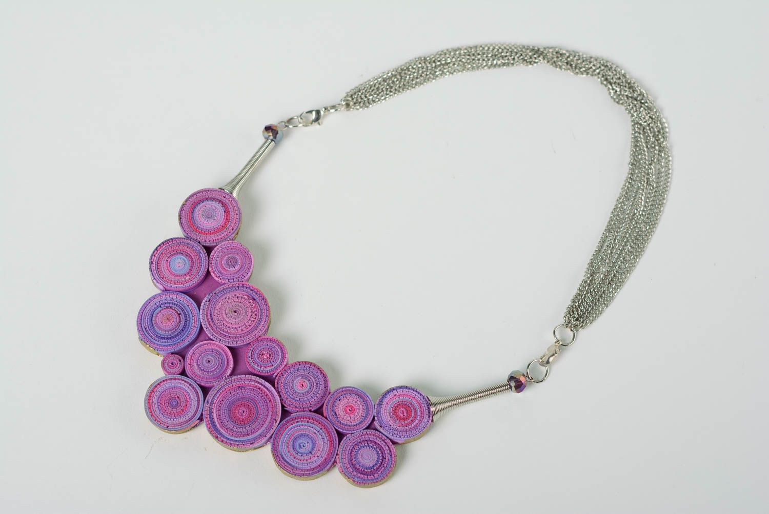 Handmade polymer clay women's necklace on metal chain in violet color palette photo 2