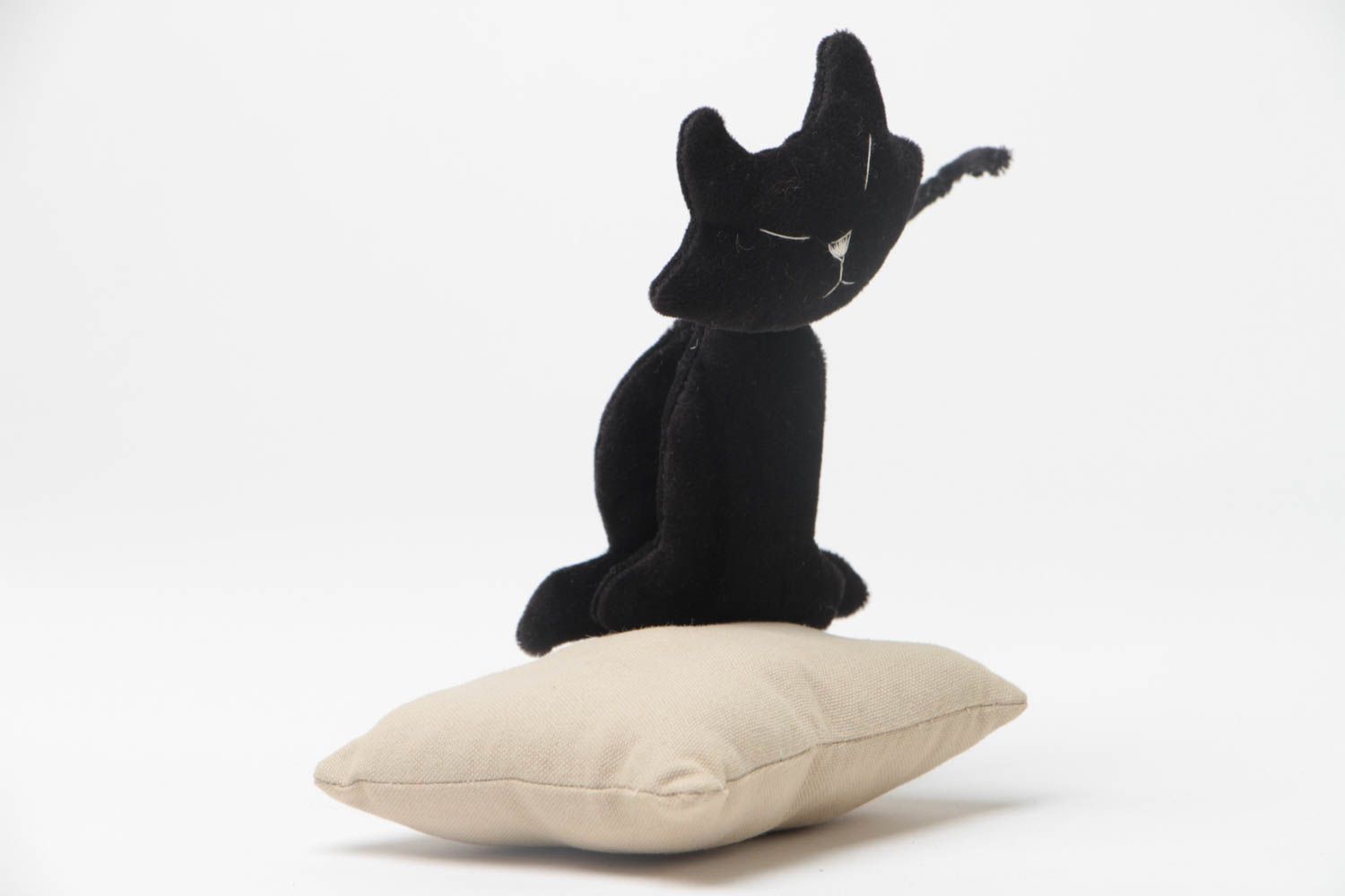 Unusual handmade beautiful soft toy black kitty made of fleece  photo 2
