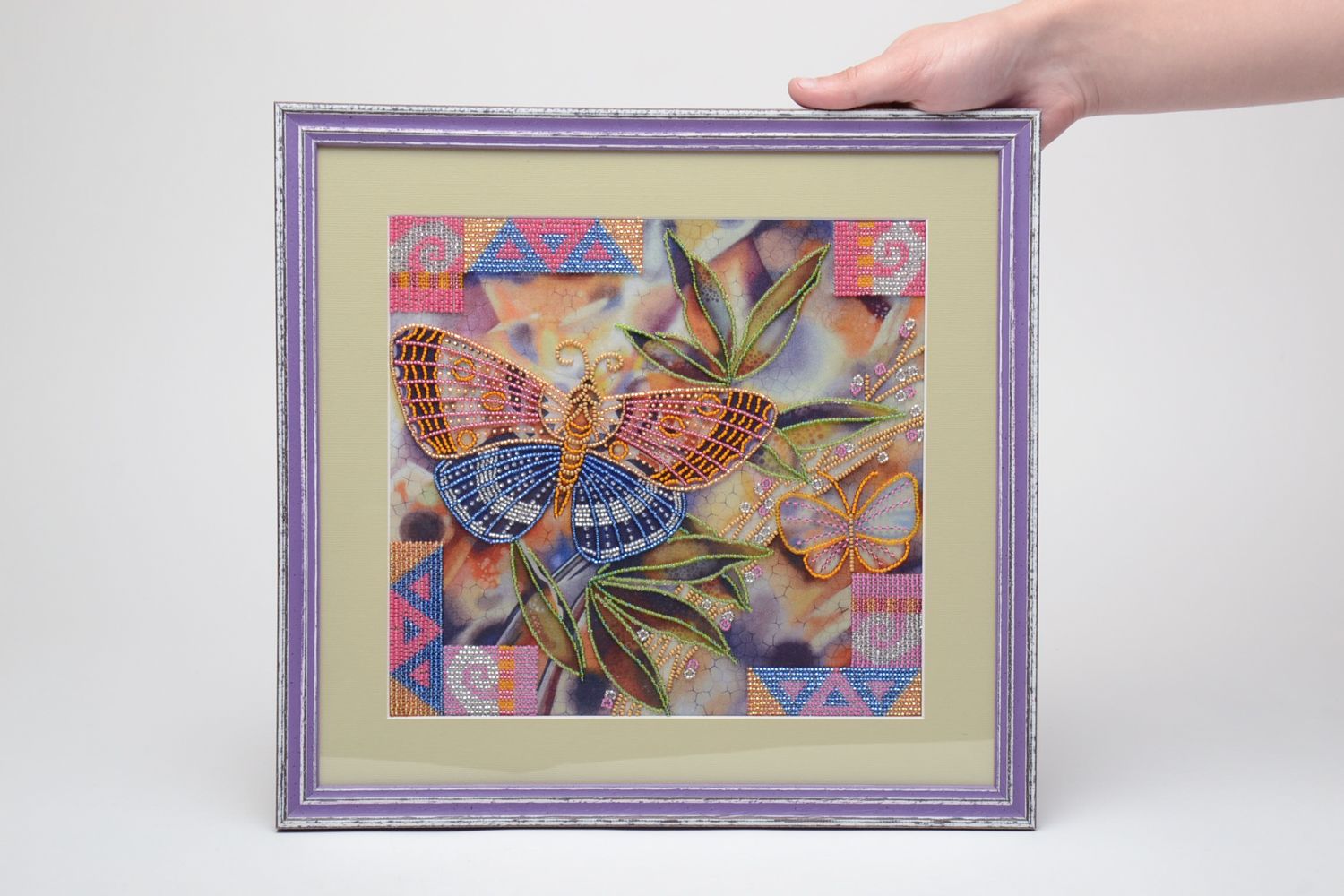 Picture embroidered with beads on fabric Butterflies photo 5