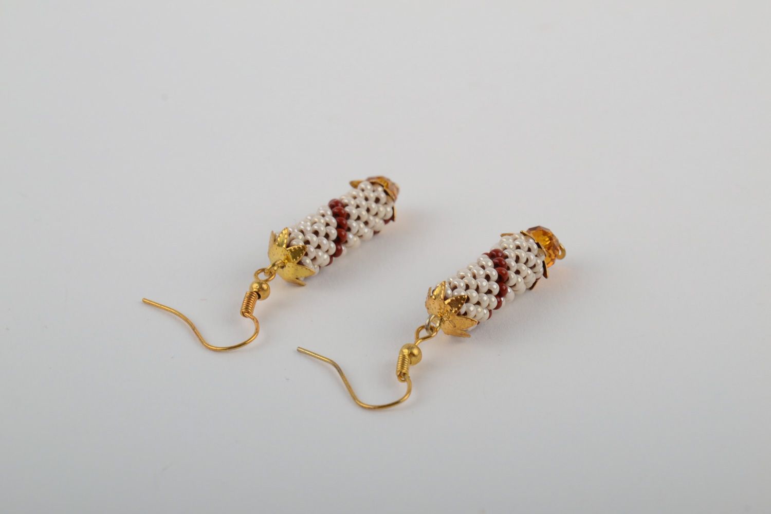 Cute handmade beaded dangle earrings in light color palette  photo 4