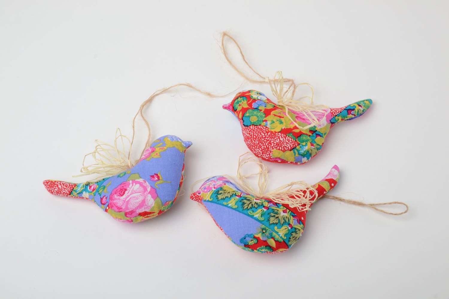Colorful handmade fabric soft interior pendants 3 pieces Birds photo 2