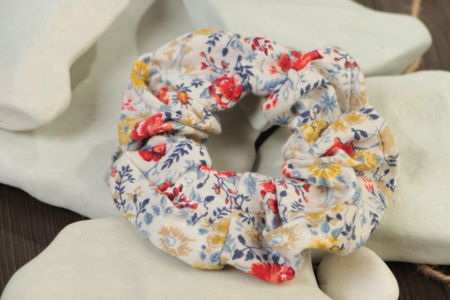 Beautiful light handmade cotton fabric scrunchy with floral print photo 1