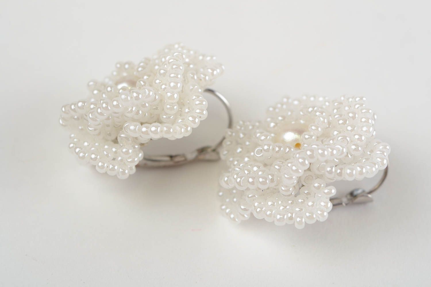 Beautiful handmade large white flower earrings woven of Czech beads photo 4