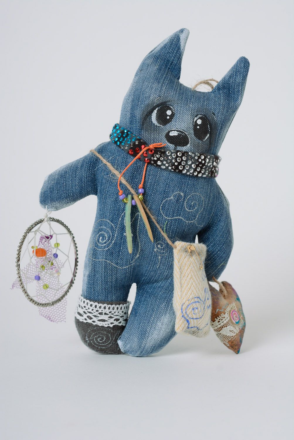 Handmade denim soft toy of blue color Cat Hippie photo 1