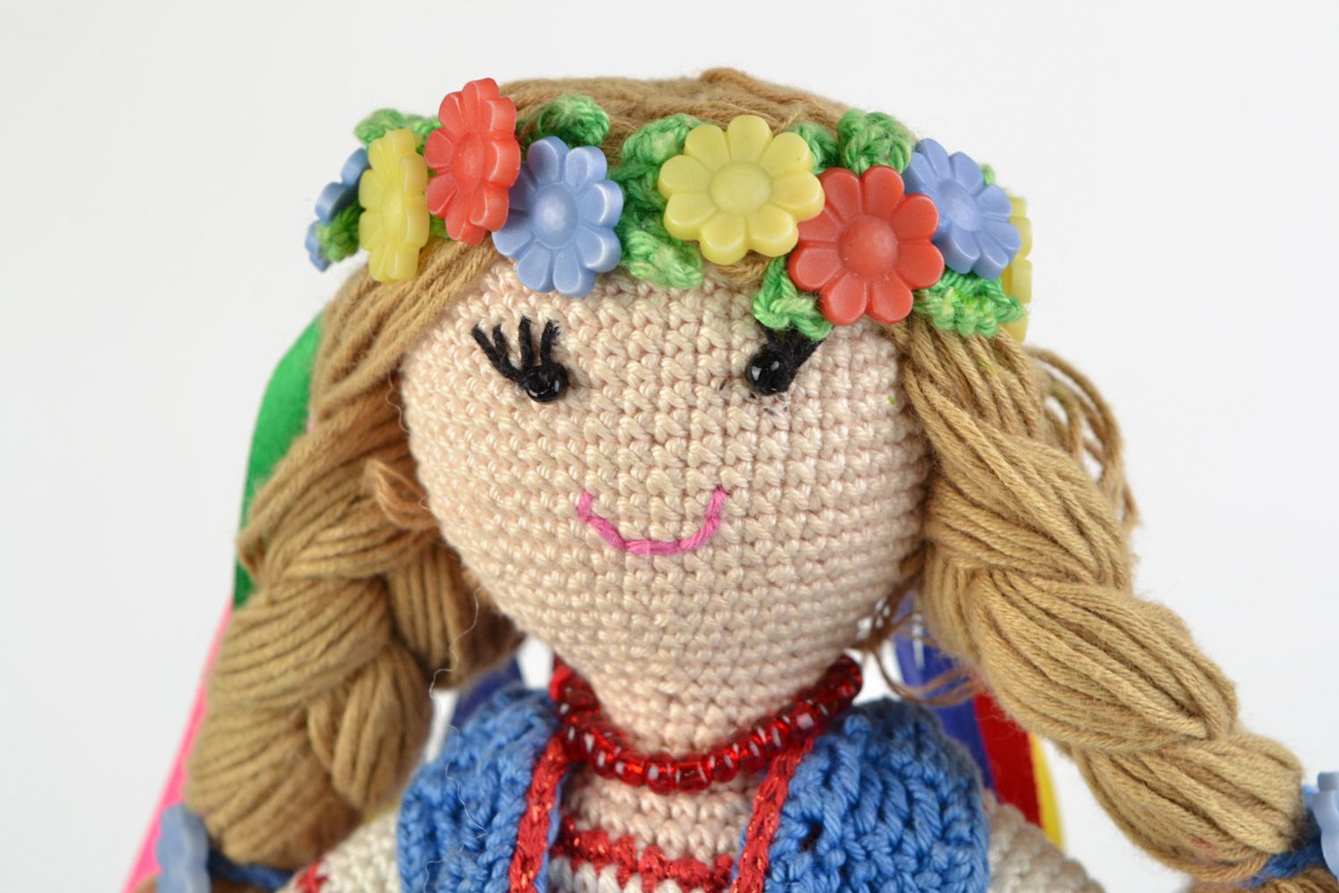 Handmade crochet soft doll Ukrainian Girl in ethnic clothes with head wreath photo 4