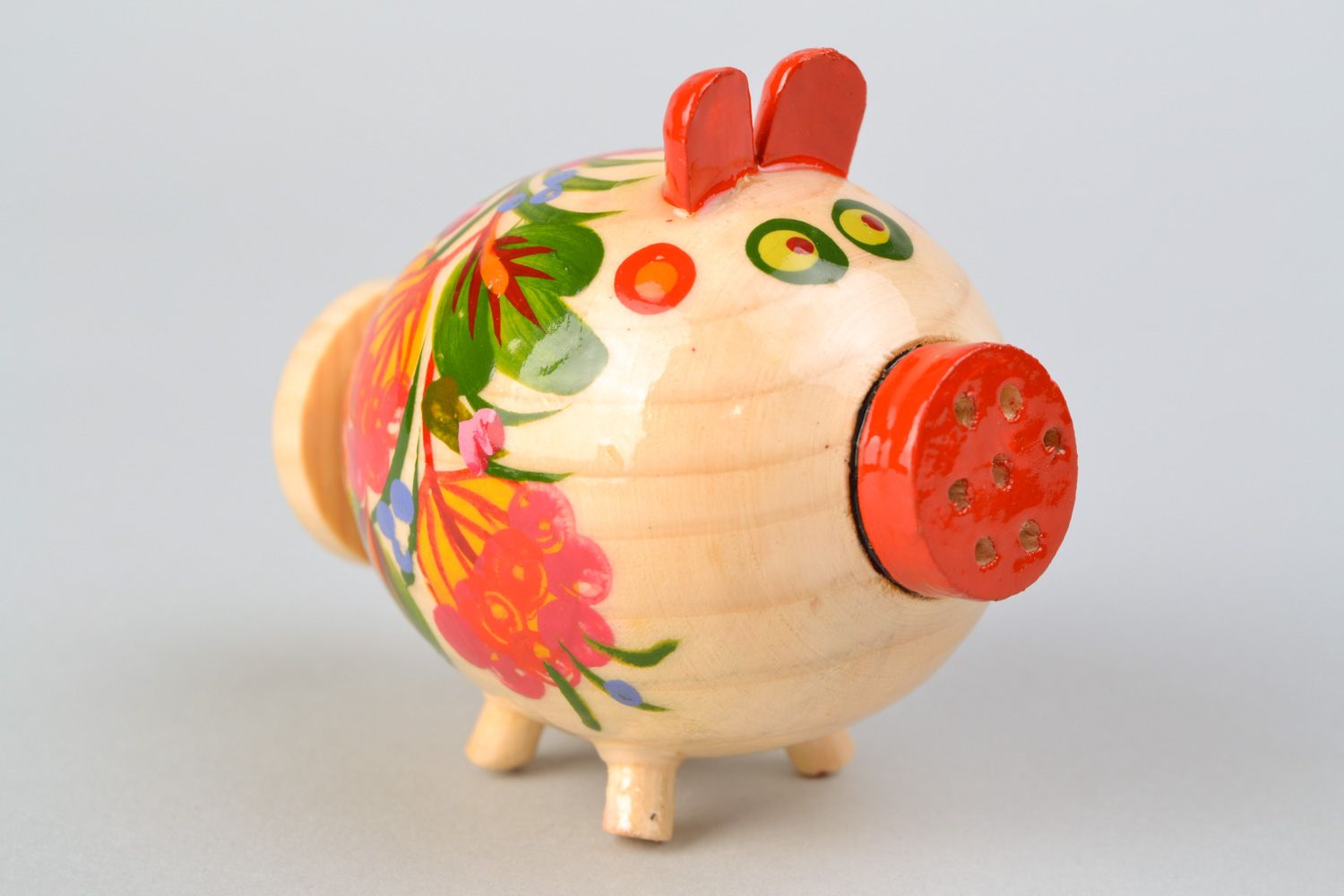 Handmade wooden salt cellar in the shape of pig painted in Petrikivka style photo 3
