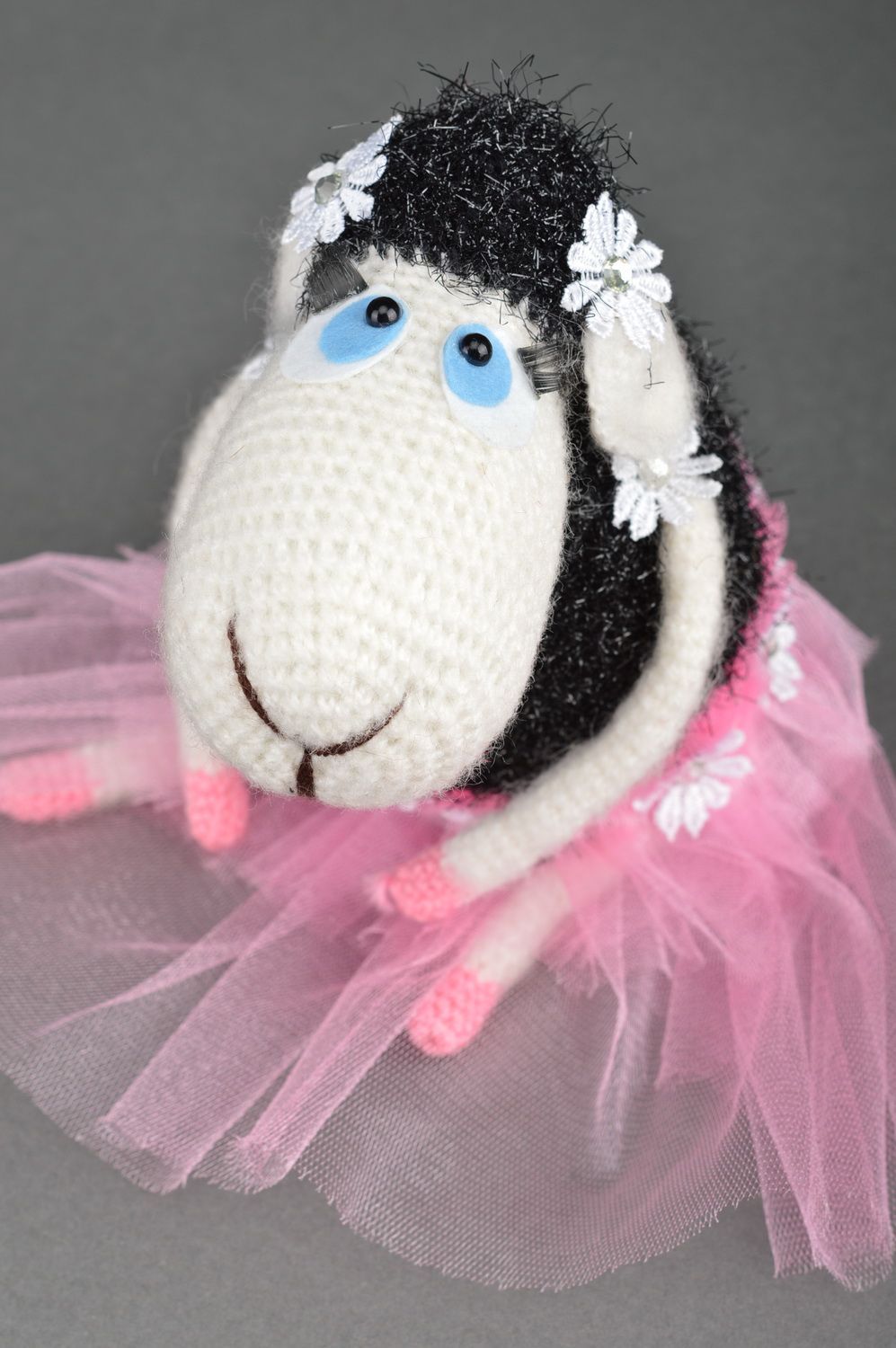 Handmade crocheted soft toy cute black and white lamb in pink tutu skirt photo 4
