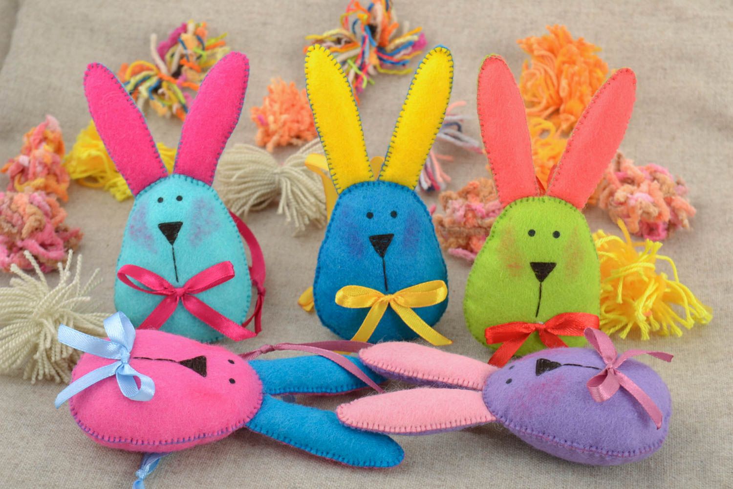 Set of 5 funny colorful handmade children's felt soft toys Hares photo 1