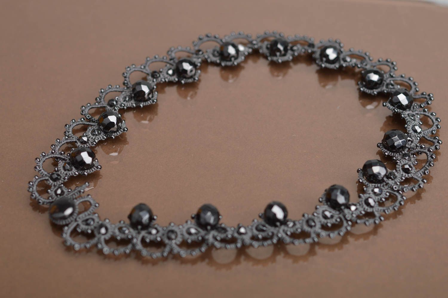 Handmade black necklace made of Czech beads and threads using tatting technique photo 3