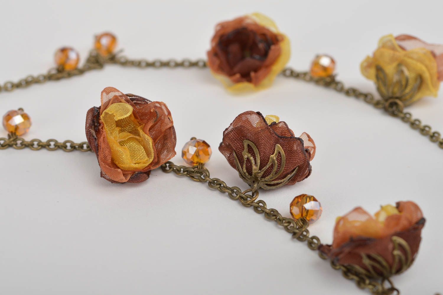 Handmade necklace with flowers textile satin necklace evening jewelry for women photo 5