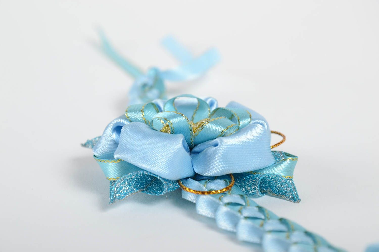 Corsage de poignet Bracelet fait main fleur bleu rubans Accessoire mariage photo 5