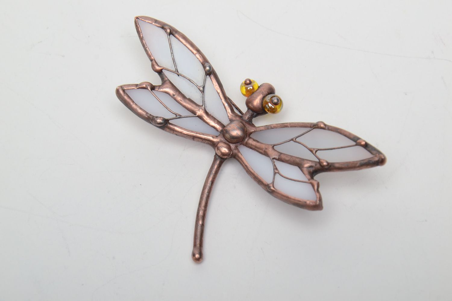 Stained glass brooch in the shape of white dragonfly photo 3
