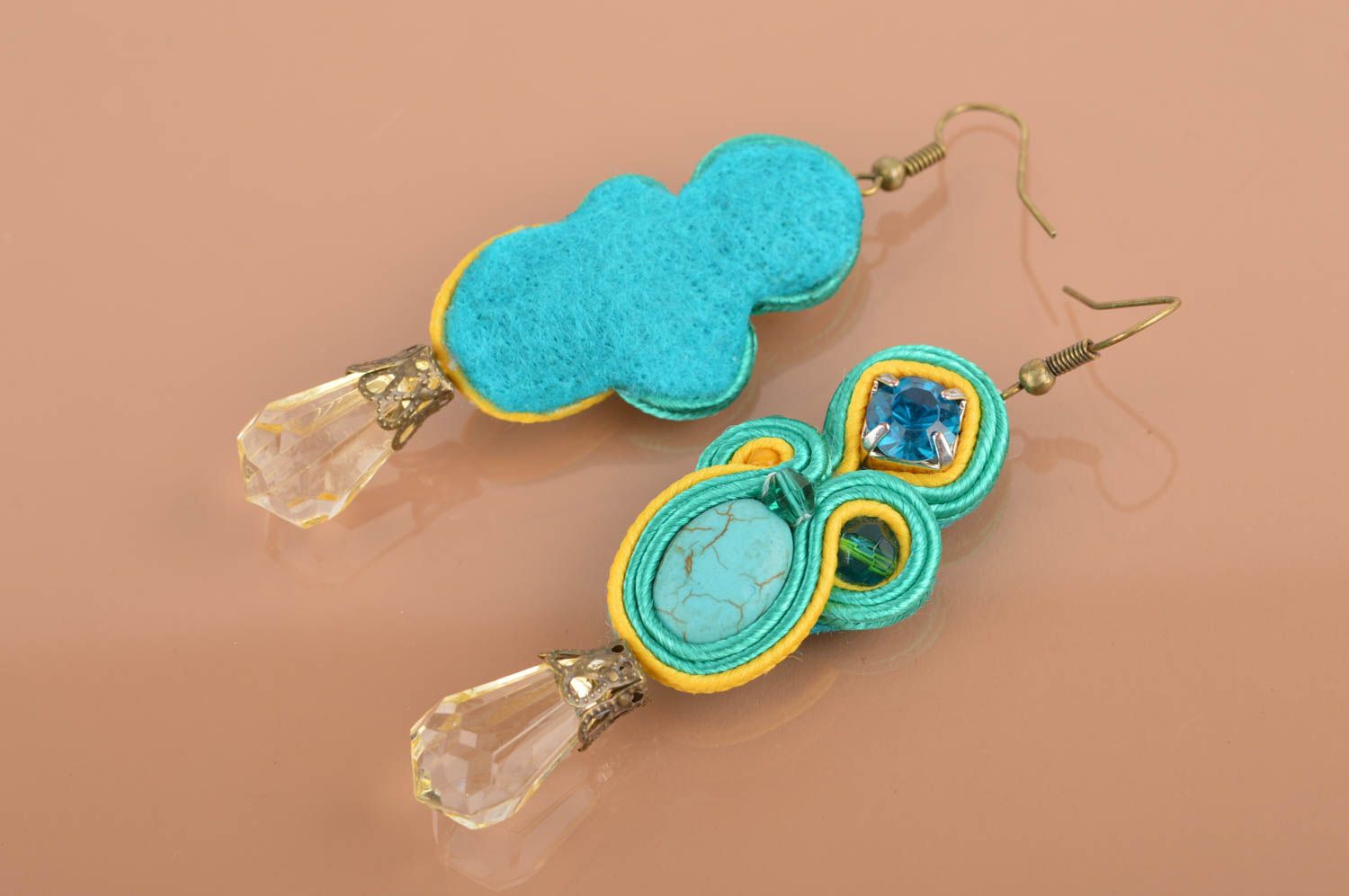 Bright handmade designer soutache earrings with beads for stylish girls photo 5