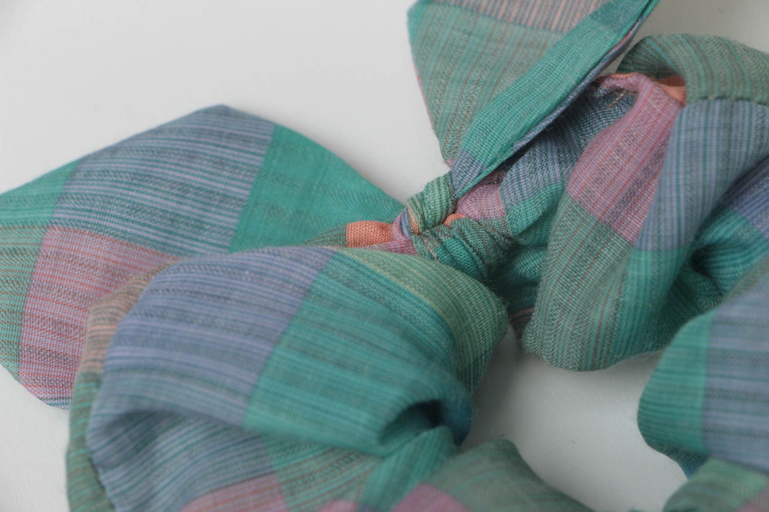 Homemade decorative volume checkered fabric hair tie of pastel colors with bow photo 3