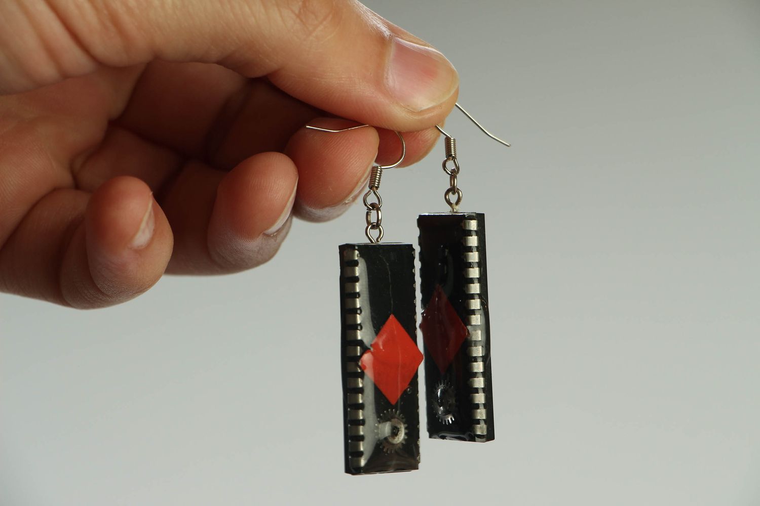 Long metal earrings with microcircuits photo 3