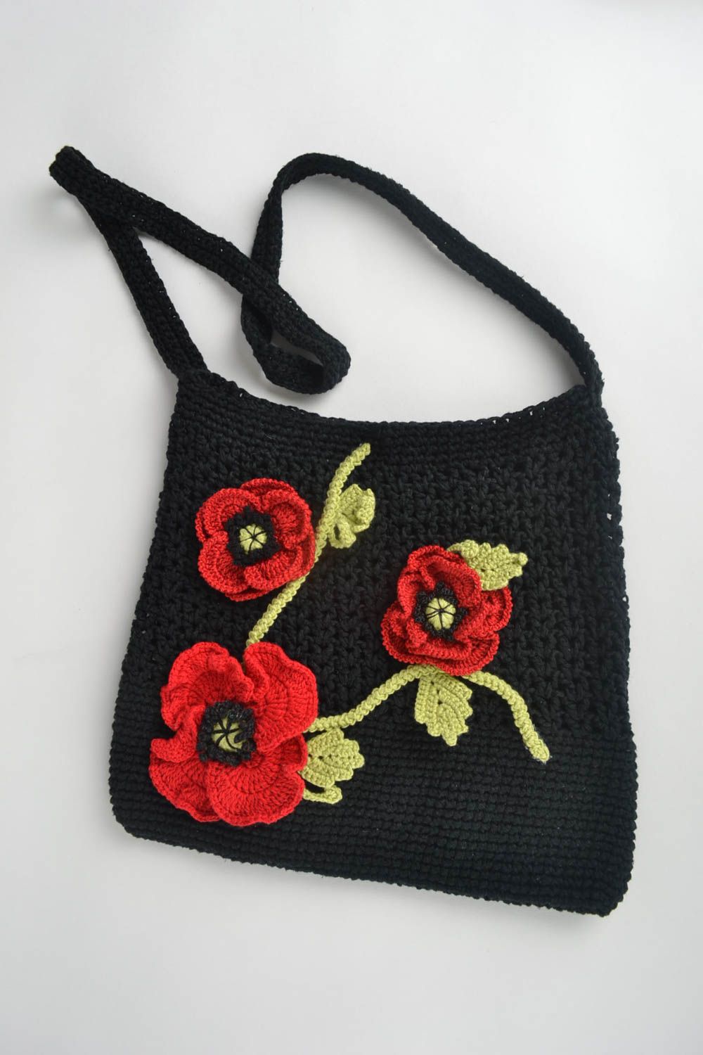 Sac noir tricoté coton fait main Accessoire femme avec fleurs Cadeau original photo 2