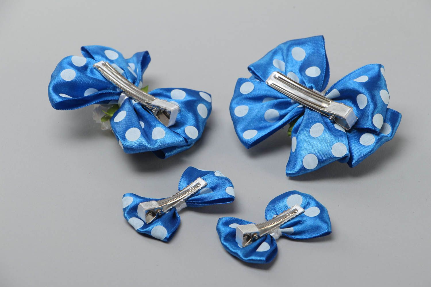 Handmade set of beautiful hair clips made of satin ribbons 4 pieces hair accessories photo 4