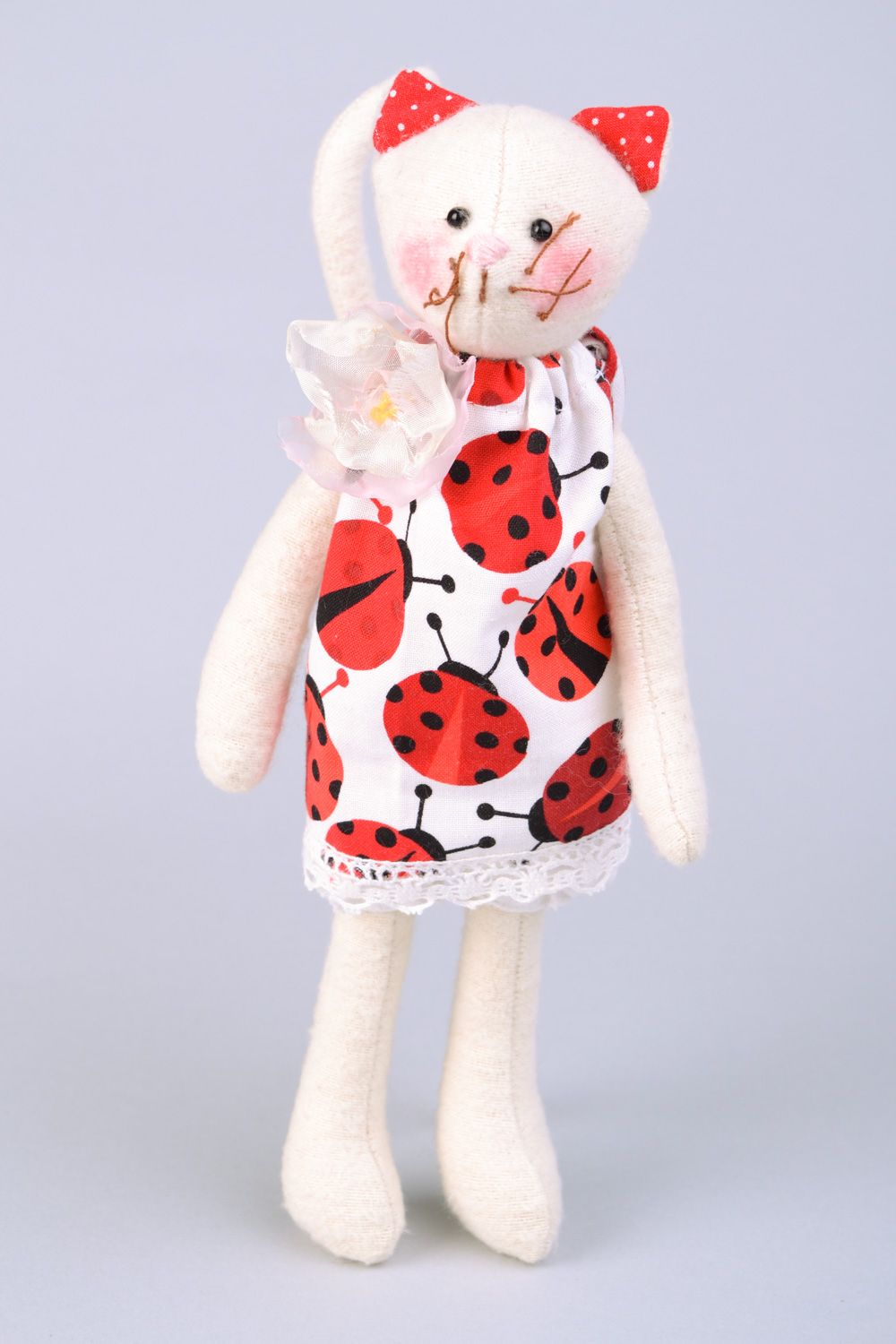 Handmade flannel fabric soft toy white cat in dress with ladybird pattern photo 3