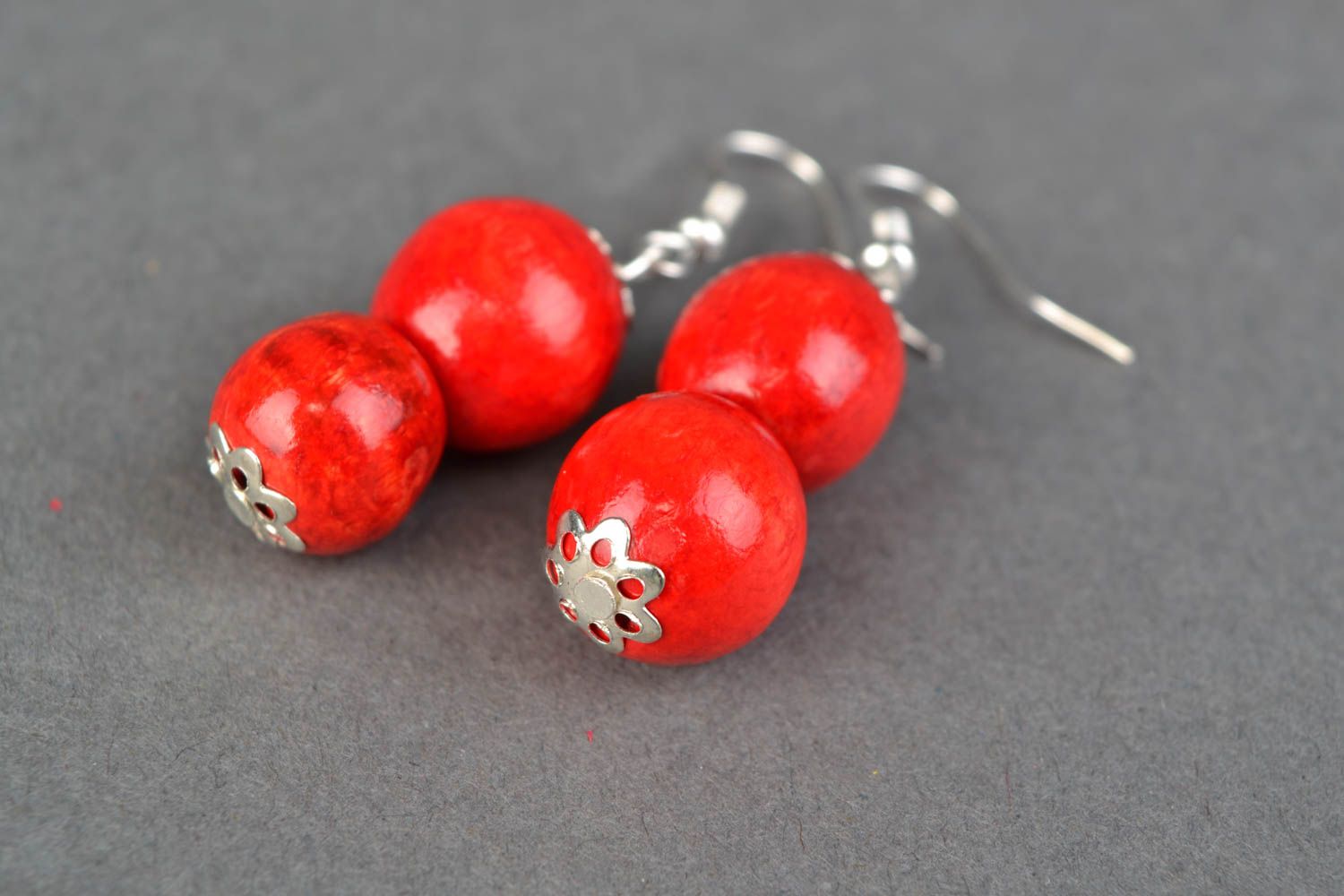 Red handmade wooden earrings photo 4