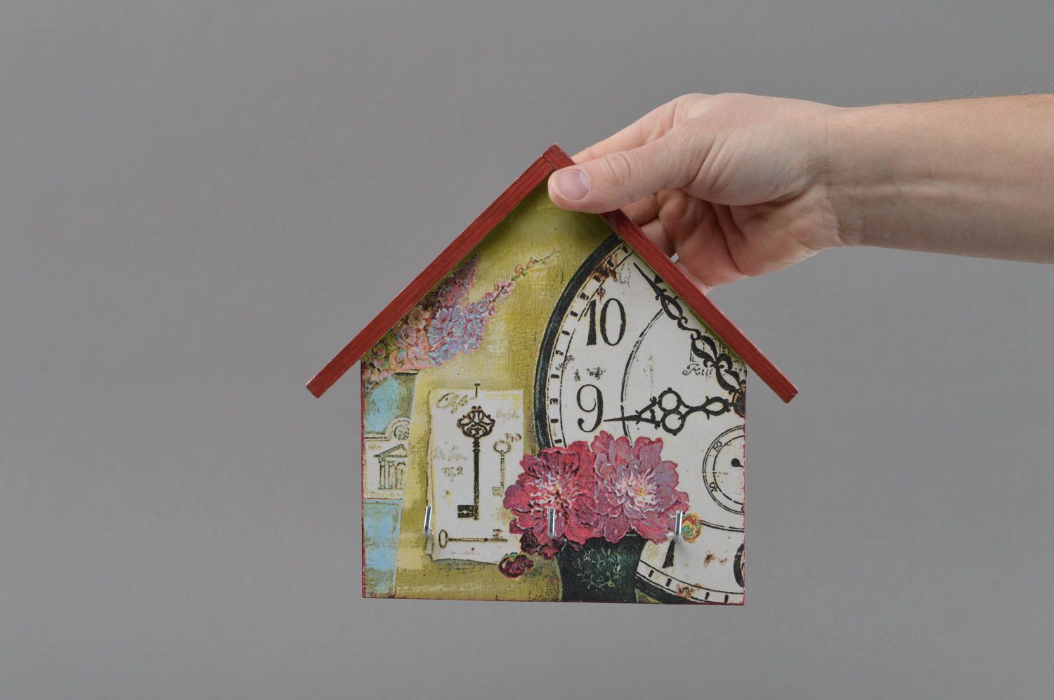 Beautiful handmade designer decoupage wooden wall key holder Clock home decor photo 4