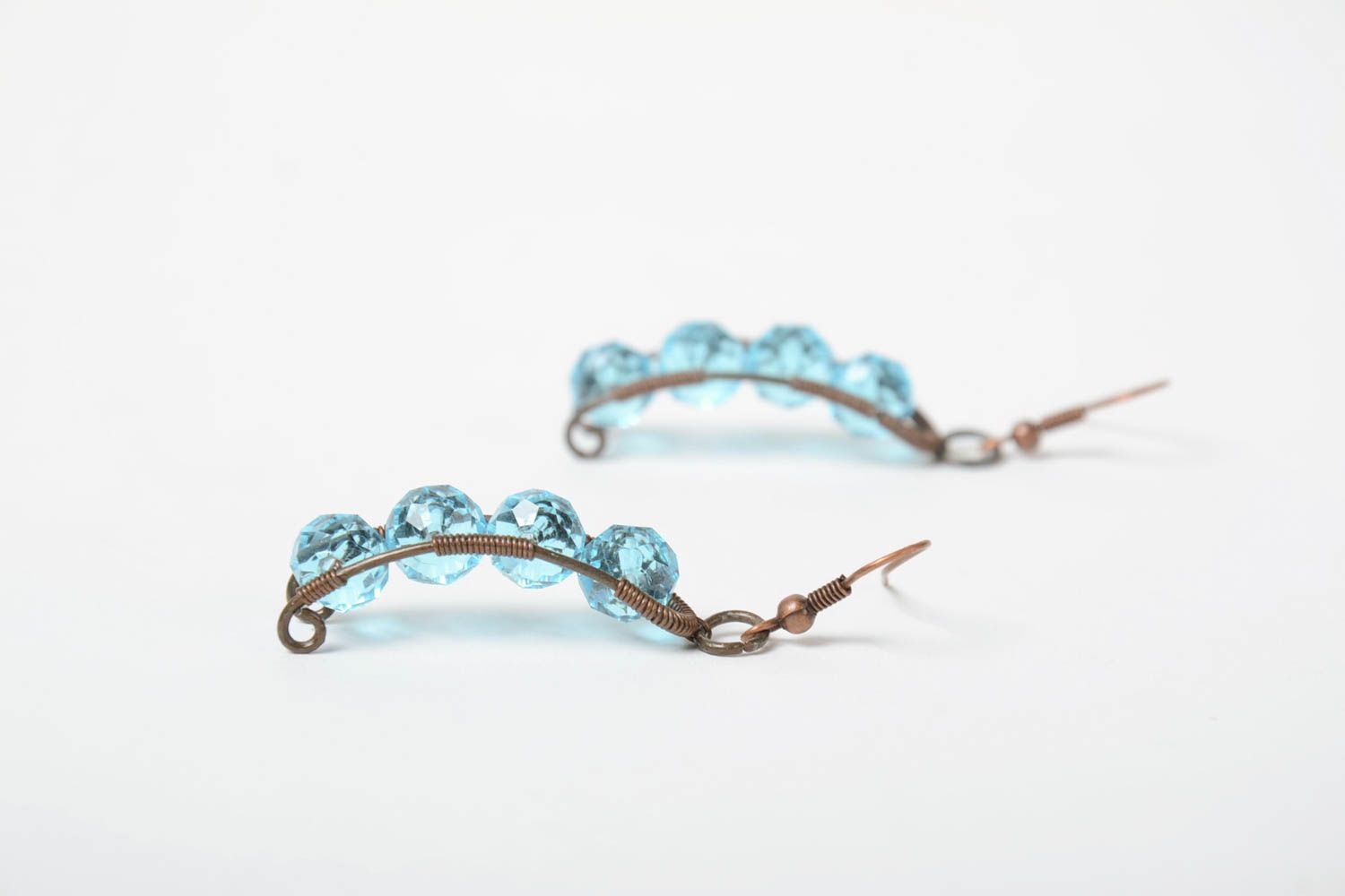 Handmade elegant blue wire wrap copper earrings with quartz women's jewelry photo 3
