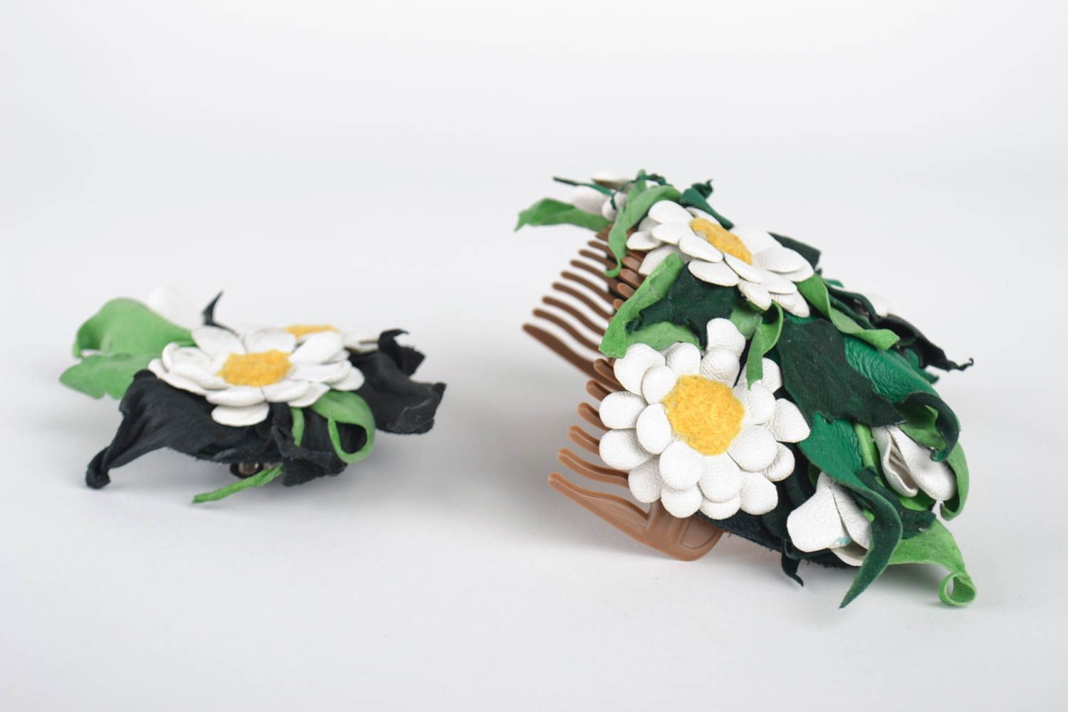 Leather barrette set of two designer handmade textile accessories for girls photo 3
