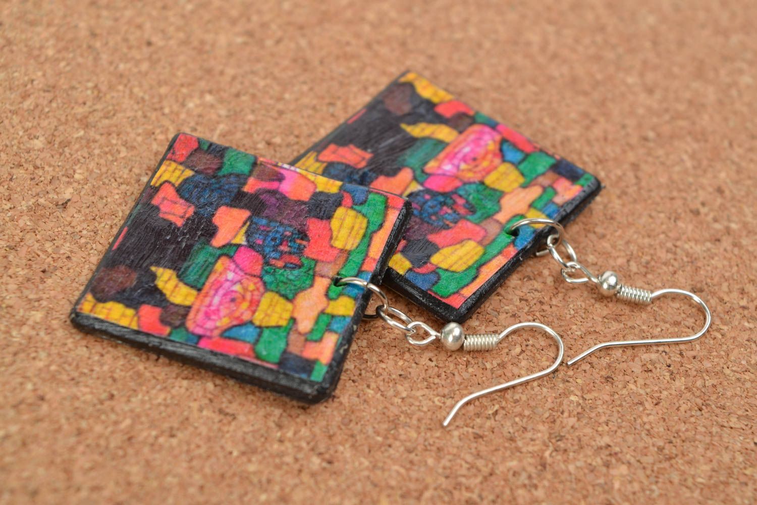 Handmade decoupage square plastic earrings Kaleidoscope photo 1