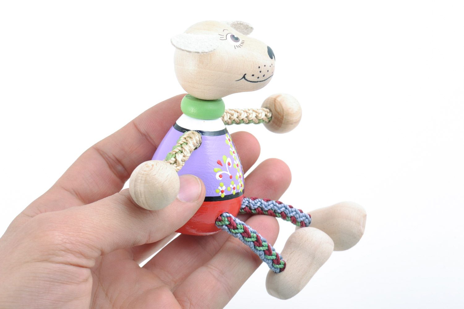 Cute small painted wooden eco toy dog with cord paws handmade for children photo 5