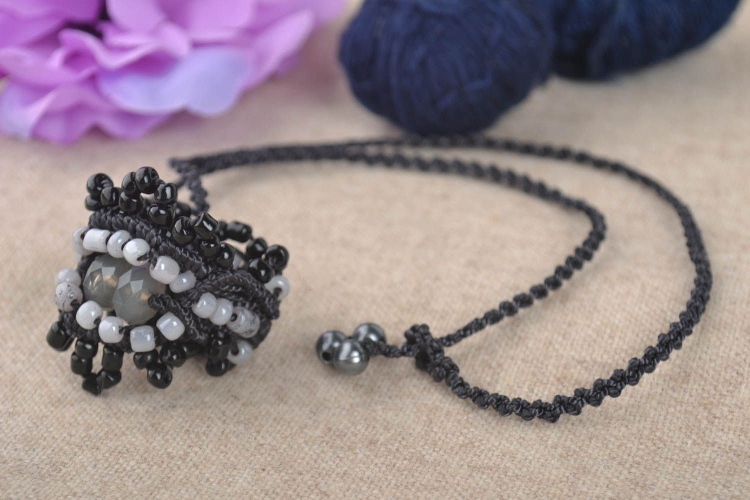 Handmade unusual jewelry stylish beaded pendant dark ring designer present photo 1