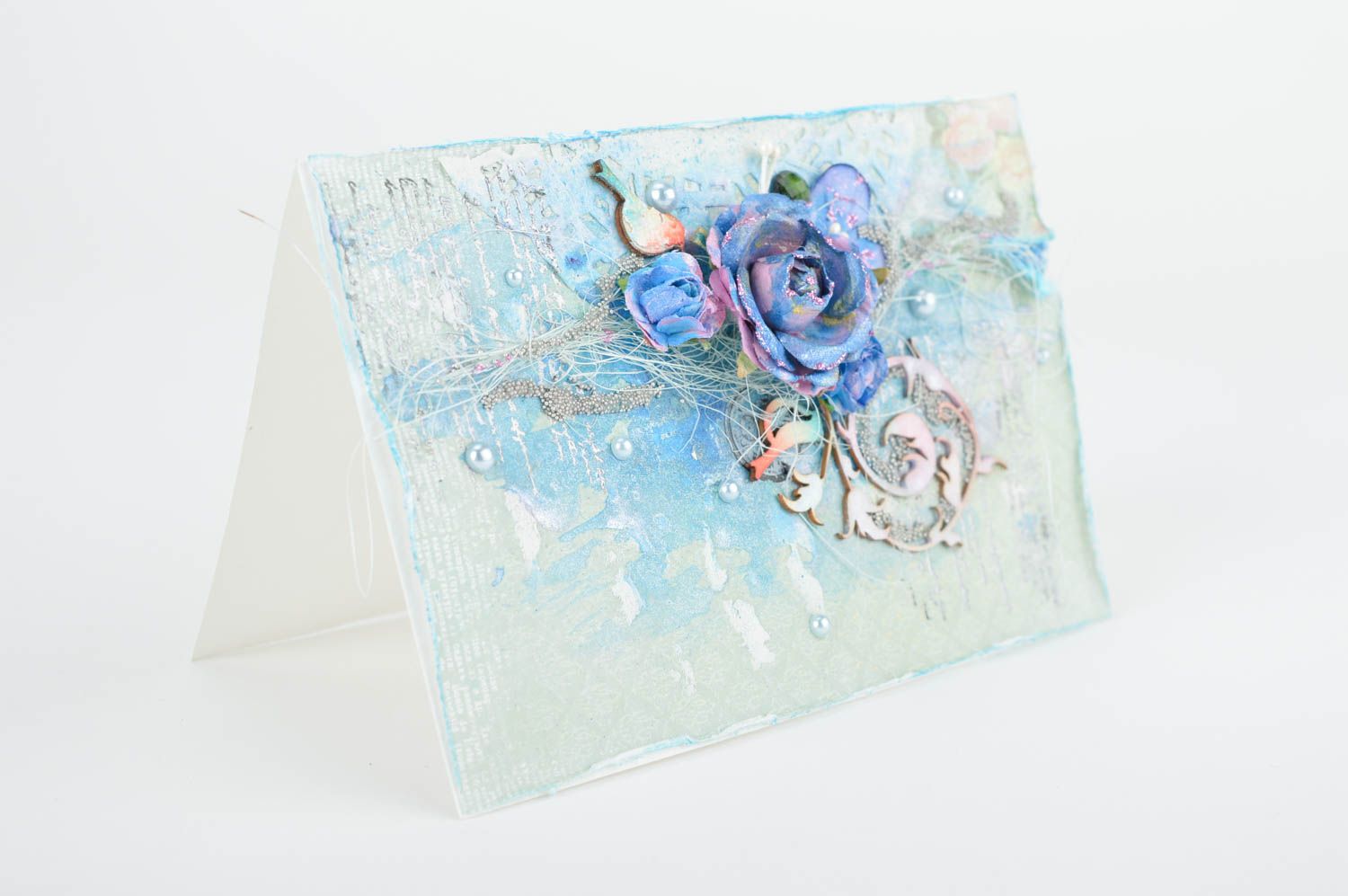 Carte de voeux fait main Carte de souhait papier fleur bleue Cadeau original photo 2