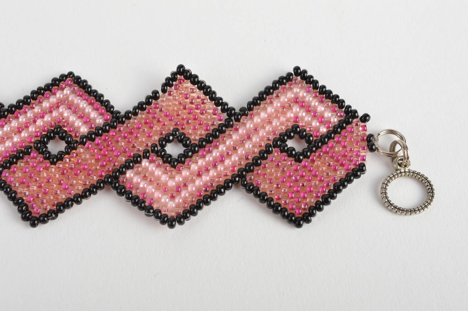 Designer women's wrist bracelet woven of pink Czech beads handmade Rhombus photo 4
