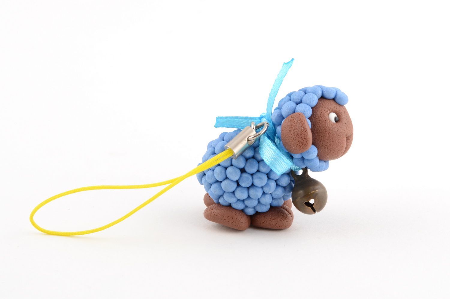 Handmade blue stylish keychain made of polymer clay in shape of sheep  photo 3