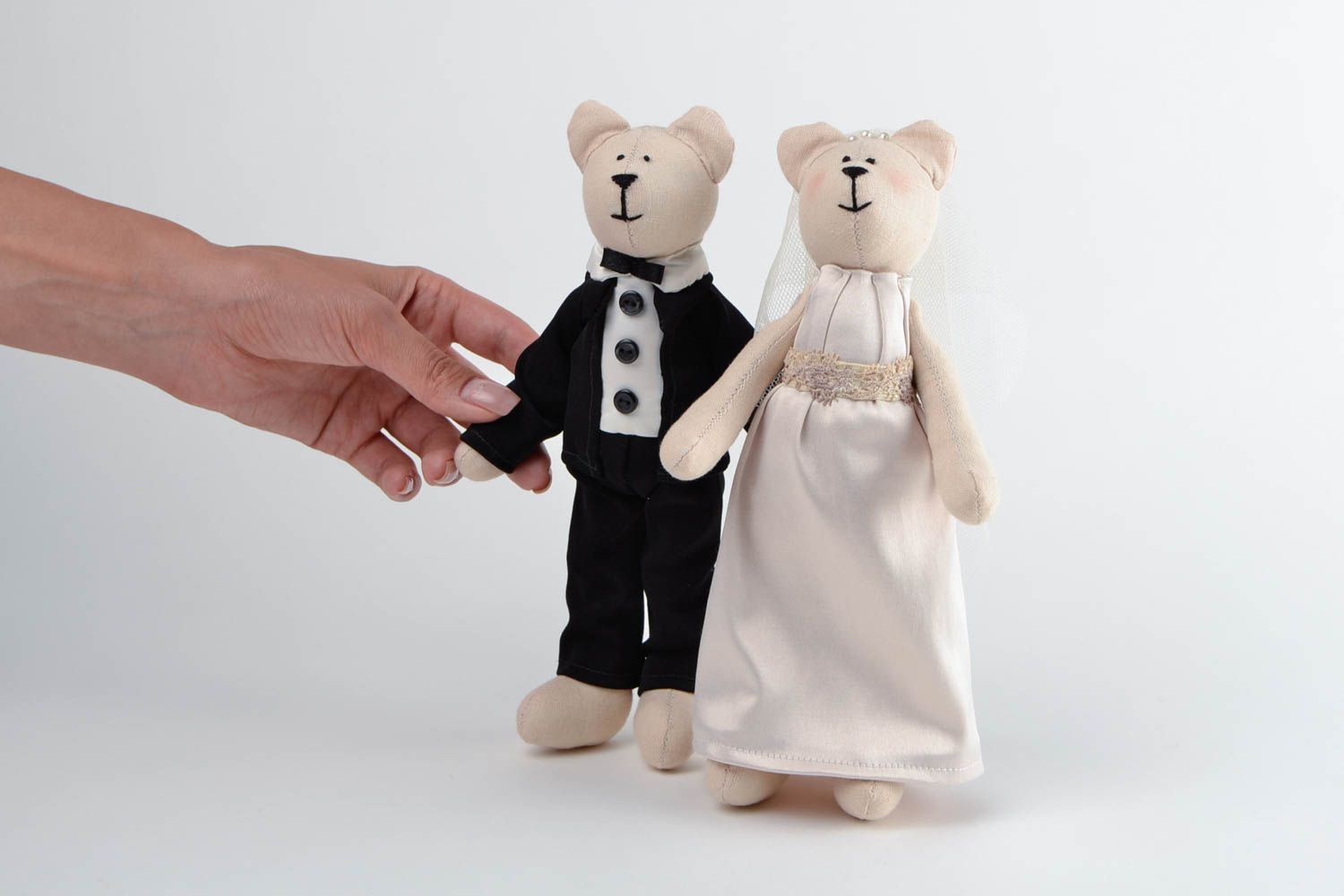 Peluches ours 2 Jouets fait main jaunes mariés en tissus Cadeau de mariage photo 2