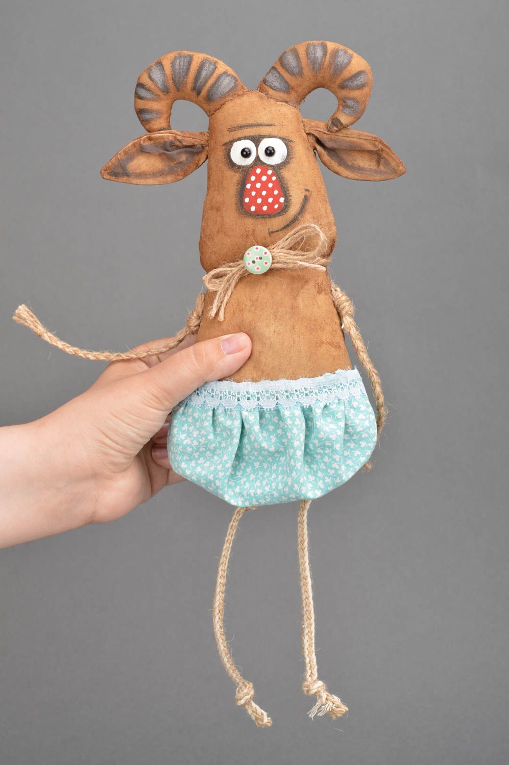 Handmade unusual interior toy made of cotton brown decor for home Goat photo 5