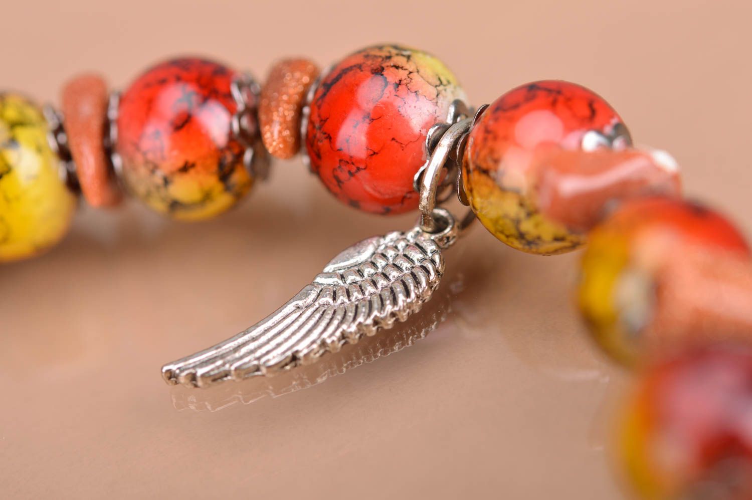 Сolorful aventurine stone beaded charm bracelet with wing designer leaves charms photo 4