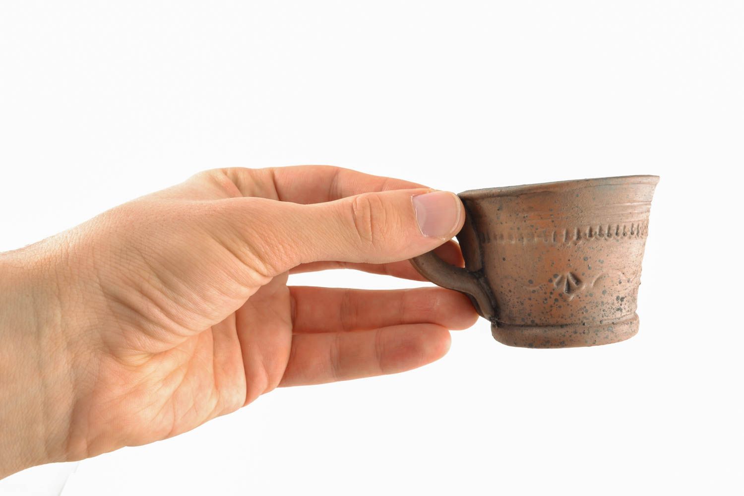 Small espresso coffee clay cup in a pyramid shape with handle and plain pattern photo 5