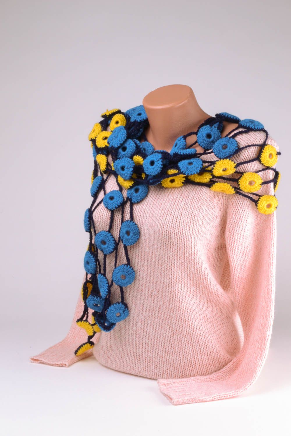 Blue and yellow crochet scarf photo 1