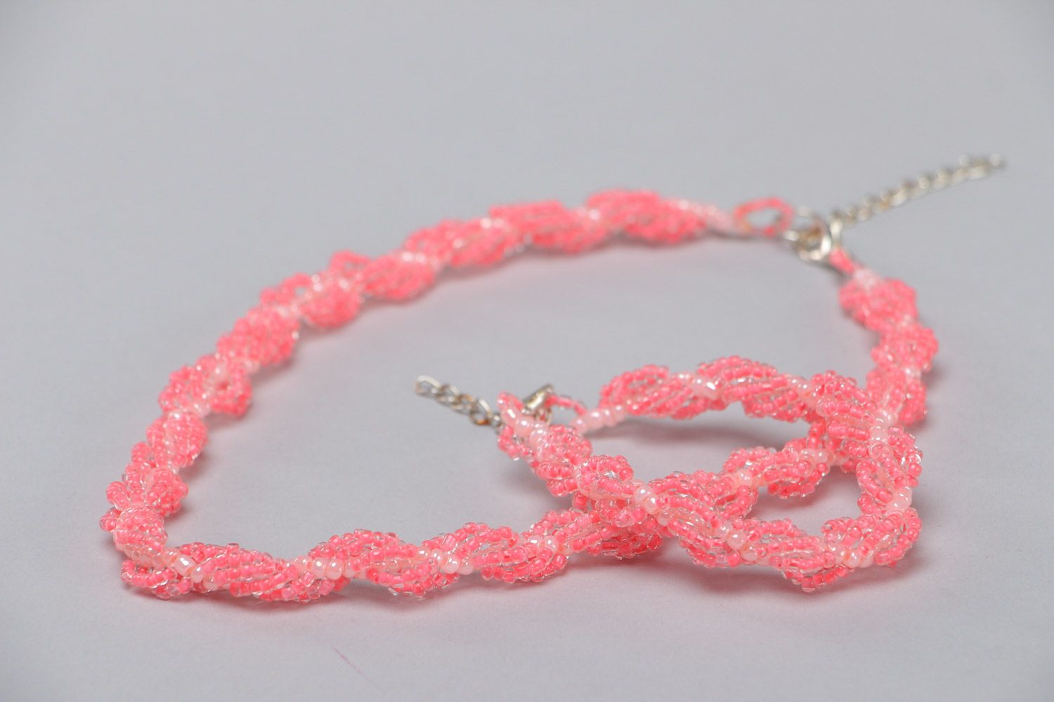 Set of handmade pink woven beaded jewelry 2 items necklace and bracelet photo 3