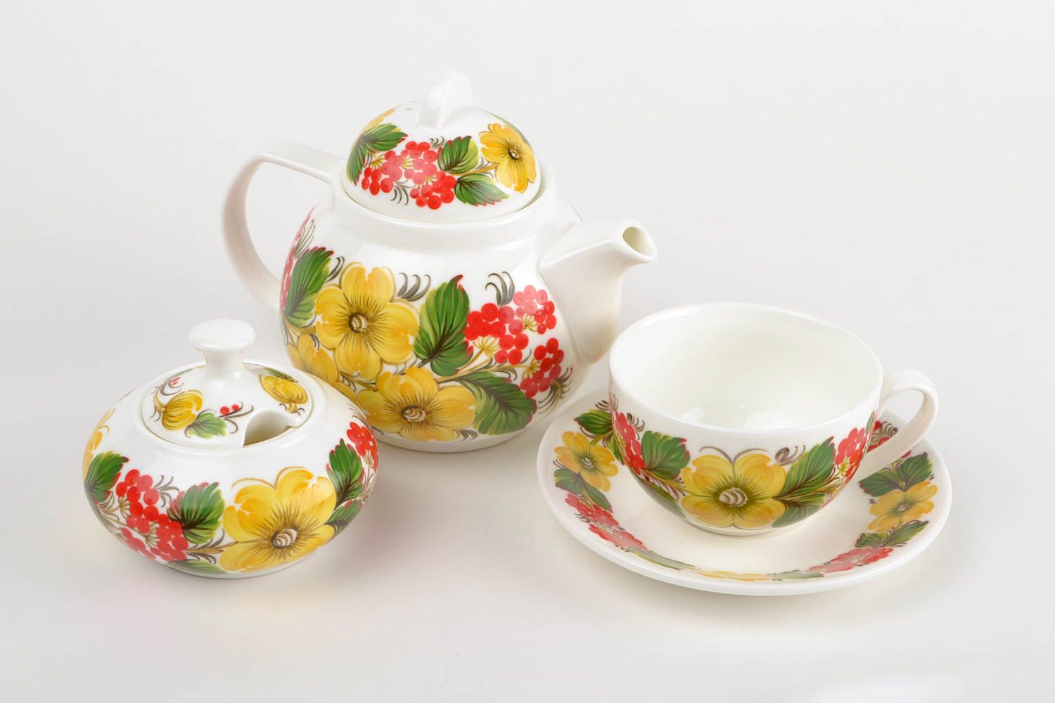 Фарфоровый набор посуды с Петриковской росписью чайник чашка с блюдцем сахарница фото 3