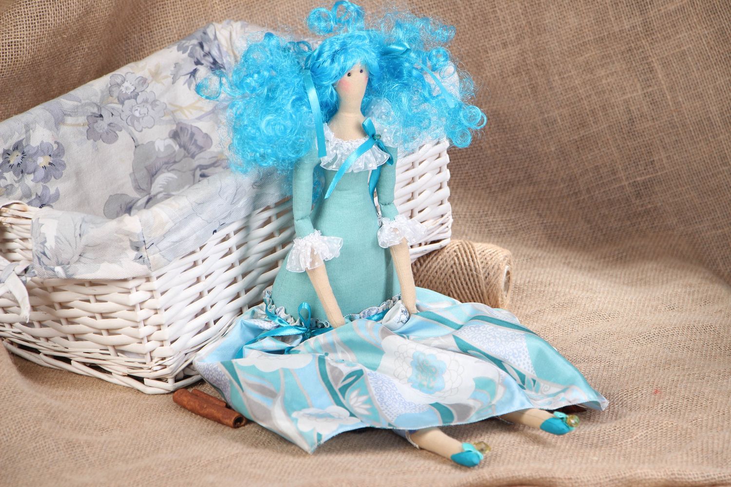 Handmade designer fabric doll with blue hair photo 5