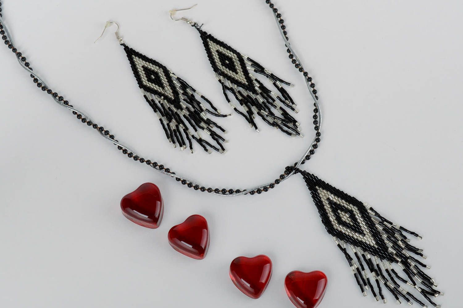 Unusual handmade beaded earrings beaded necklace seed beads designer jewelry set photo 1