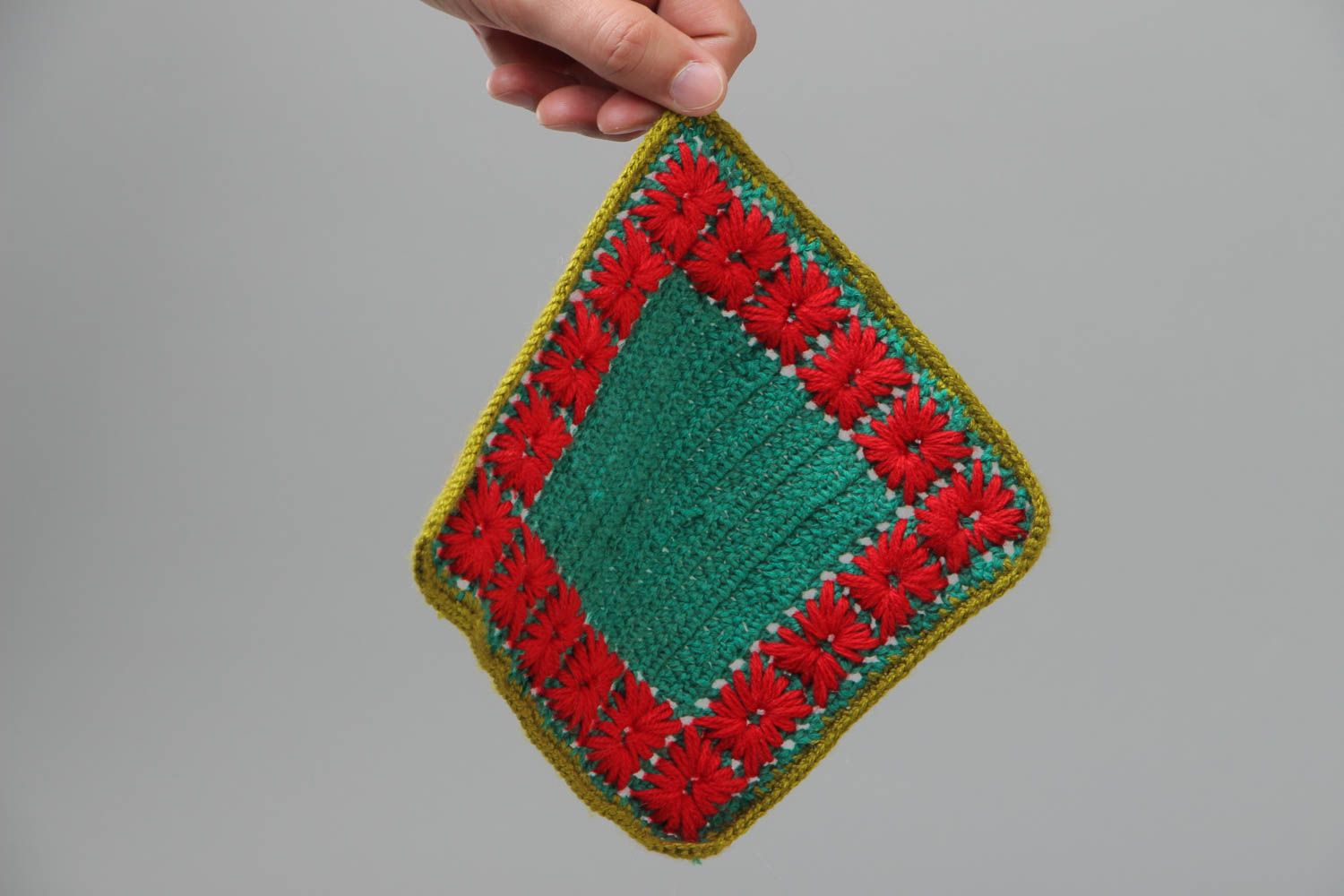 Handmade decorative green and red square napkin crocheted of acrylic threads photo 5