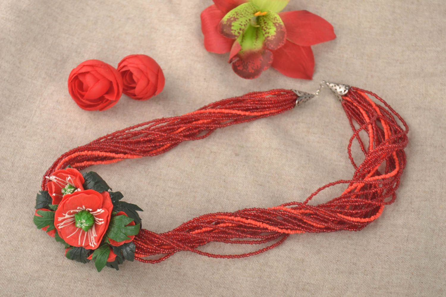 Handmade Blumen Collier Modeschmuck Halskette Geschenk für Frauen rot weiblich foto 1