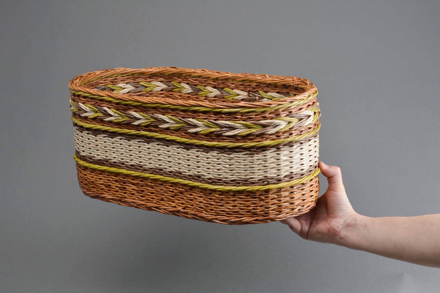 Handmade large decorative paper rod woven basket of oval shape colorful photo 4