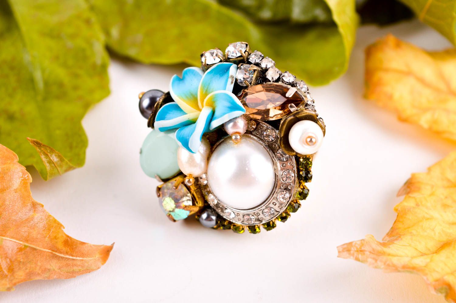 Женское кольцо хенд мейд красивое кольцо бижутерия с жемчугом оригинальная фото 1