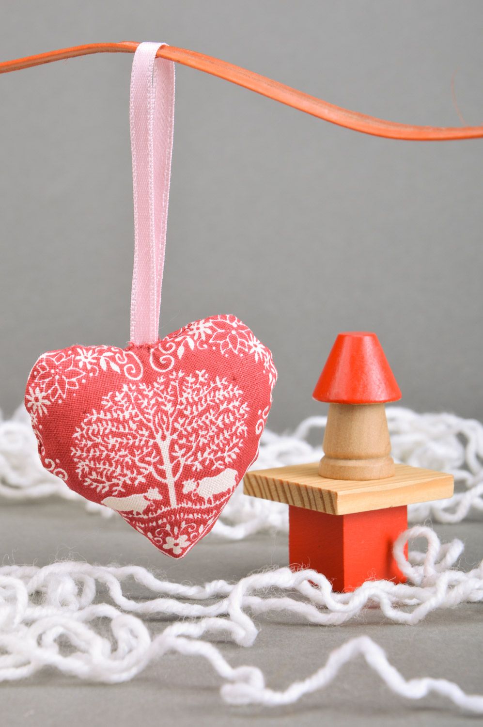 Handmade decorative wall hanging pincushion heart sewn of cotton with ribbon  photo 1