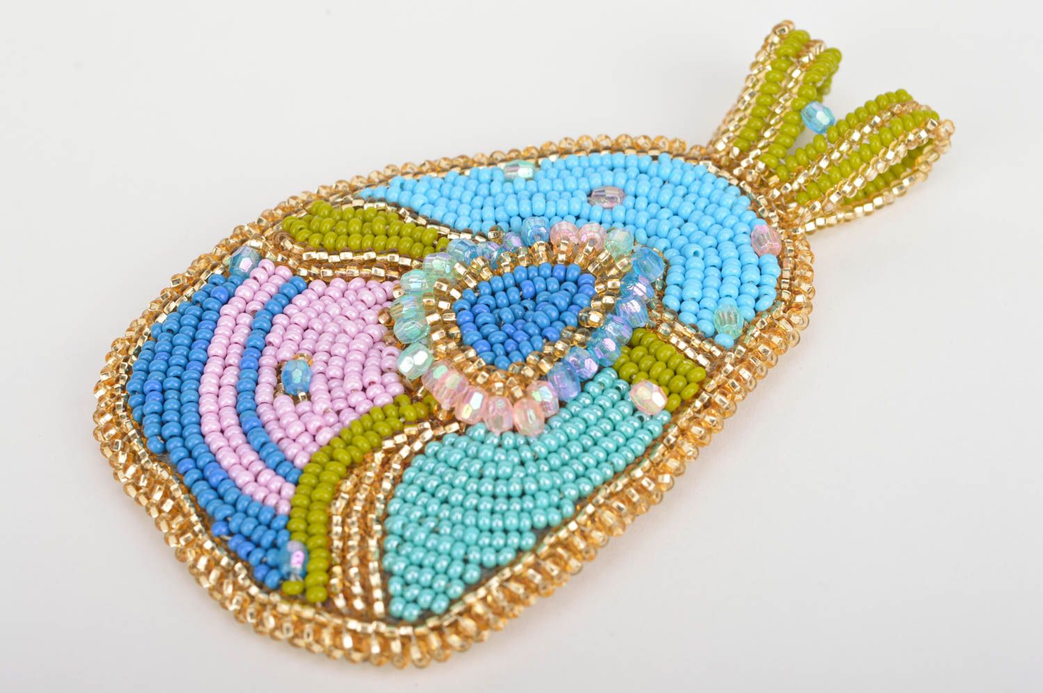 Unusual stylish bright handmade designer woven bead pendant for women photo 2